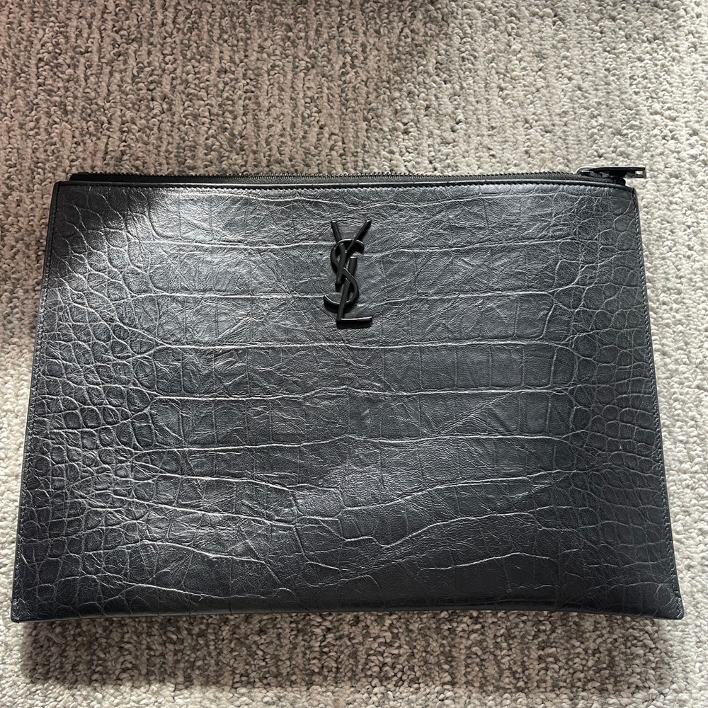 YSL black croc clutch black hardware
